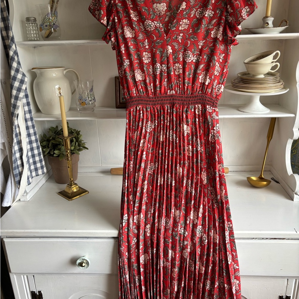 Max Studio Red and White Pleated Sundress with Flutter Sleeves